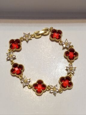 Gold Tone Bracelet with Red Four Leaf Clover CZ Bracelet Women's Jewelry